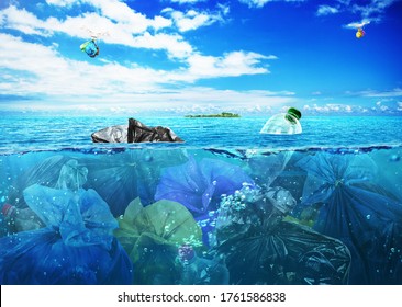 Сoncept of global pollution. The sea full of garbage on the background of nature. Save the planet.