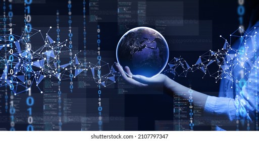 Global programming and security system.Software apps developer and IT revolution. Programming code technology.Global network technology and big data.Programming code. Elements  furnished by NASA