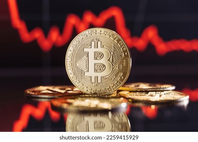 Global recession. Financial crisis. Image of golden bitcoin rising among piles of other crypto coins on digital background of chart with sole thick red line representing crash of crypto trading market