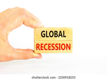 Global recession symbol. Concept words Global recession on wooden blocks. Beautiful white table white background. Businessman hand. Business and global recession concept. Copy space. - Shutterstock ID 2250918253