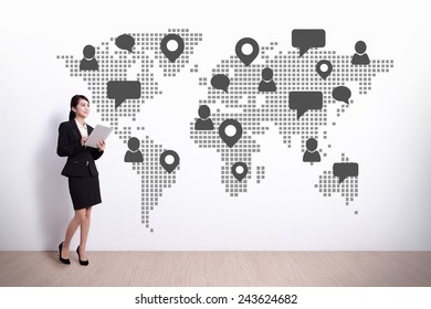 Global Social Media and Cloud Computing concept - business woman using digital tablet pc computer