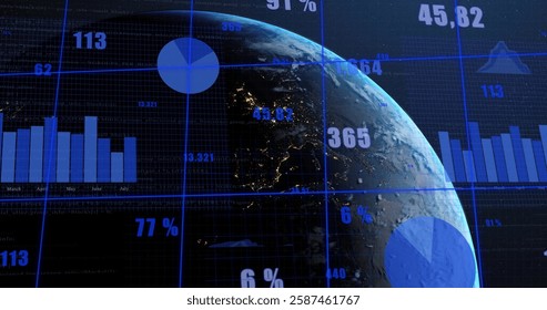 Global statistics and data visualization image over rotating Earth. infographics, analytics, world, technology, digital, futuristic