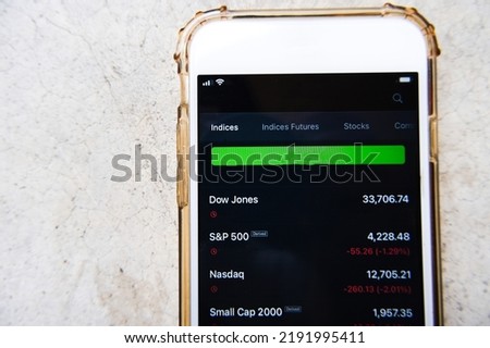 Global stock market mobile images in the Dow Jones trading app, S P 500, Nasdaq , small Cap 2,000.