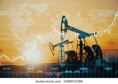 Global stock market and oil industry concept with oil pumps at sunset on abstract field and virtual board world map and growing financial chart growing candlestick. Double exposure