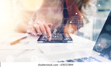 Global Strategy Virtual Icon Innovation Graph Interfaces.Business Woman Analyze Meeting Report Process.Marketing Team Discussion Corporate Work Concept Office.Startup Idea Touching Screen.Closeup
