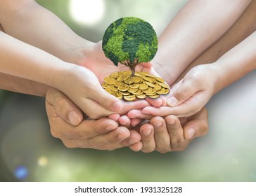 Global Sustainable Investment Fund With Environment, Social, Governance (ESG) And CSR Policy Concept With Family Hands Holding World Globe Tree Growing On Money Coin Capital Wealth