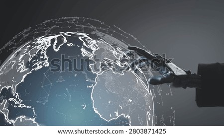 Global technology network concept with robotic hand interacting with digital world map, data connection, AI communication, big data analytics, cloud computing and international digital transformation.