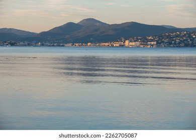 Global view on Sainte-Maxime city by the sea, in France, in the Var department, in the French Riviera, in the Provence-Alpes-Côte d'Azur region, in Europe