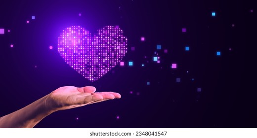 Global virtual dating service concept with bright digital purple pixel heart symbol above human hand palm on abstract dark background