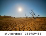 Global warming concept. dead tree under hot sunset,  drought cracked desert landscape