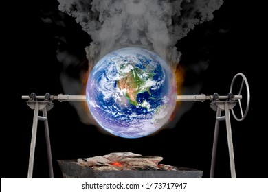 Global Warming Concern Concept With Earth Getting Grilled On A Campfire. A Metaphor Of Temperature Rise Due To Climate Change Problem.