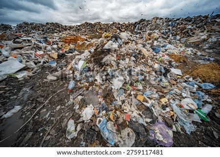 Global waste problem featuring huge landfill causing environmental pollution and impact