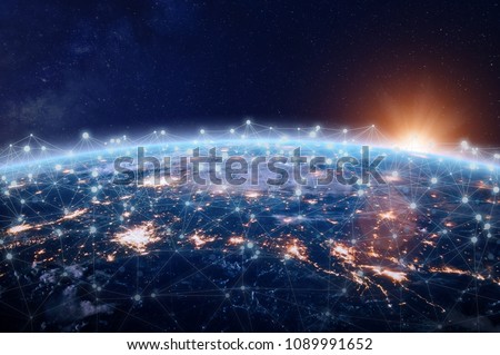 Global world telecommunication network connected around planet Earth, concept about internet and worldwide communication technology for finance, blockchain cryptocurrency or IoT, image from NASA