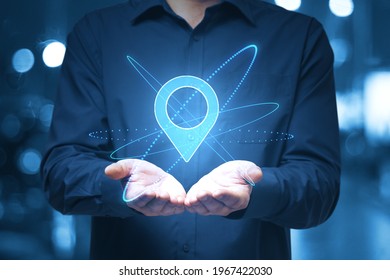 Globalization And Geo Location Concept With Digital Pin Point Symbol Over Man Open Palms