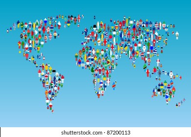 Globalizing, World Map With People Made From Flags