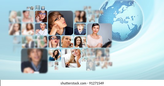 A Globe Against Blue Background With Many Different People's Faces. Can Represent A Technology Social Network Of Friends And Communication.