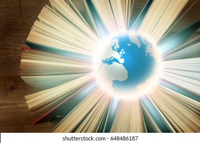 Globe And Books On Wooden Background. World Literature Concept