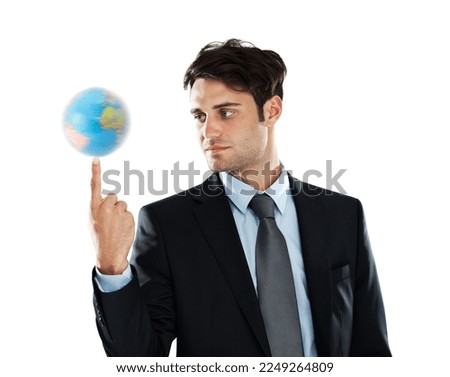 Globe, businessman and earth on finger, sustainability in international industry isolated on white background. Balance, global focus and man with planet in hand, worldwide corporate success in studio