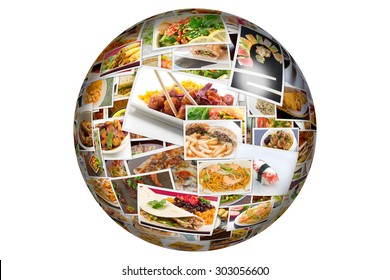 Globe collage of lots of popular worldwide dinner foods and appetizers