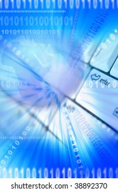 Globe, computer keyboard and binary codes on blue