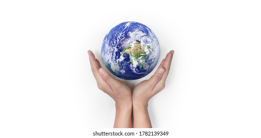 Globe, earth in human hand, holding our planet glowing. Earth image provided by Nasa