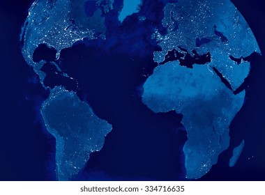 Globe Earth Model By Night With City Light Spots Visible. Map Of Europe, America, Africa, Europe, Arabia, Asia. Elements Of This Image Furnished By NASA.