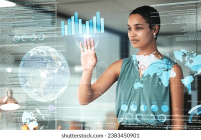 Globe, finance and overlay with a business black woman using an ai or ux interface to access the metaverse of data. Digital, future and information with a female employee working on a 3d hologram