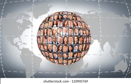 A Globe Is Isolated On A White Background With Many Different Business People's Faces