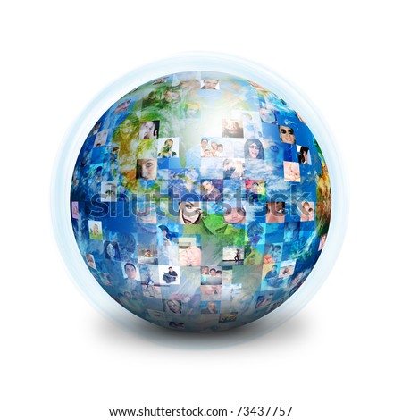 A globe is isolated on a white background with many different people's faces. Can represent a technology social network of friends and communication.