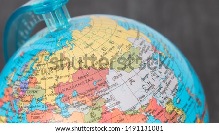 Globe map focused on China. Globe map focused on Russia. Close up map China. Close up map Russia. Globus with Asia and Russian Federation.