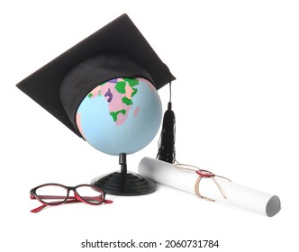 Globe With Mortar Board, Diploma And Eyeglasses On White Background