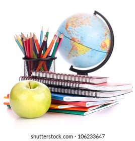 Globe, notebook stack and pencils. Schoolchild and student studies accessories. Back to school concept. - Powered by Shutterstock