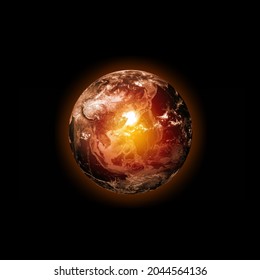 The globe is on fire, global warming, the average temperature on earth is rising in space