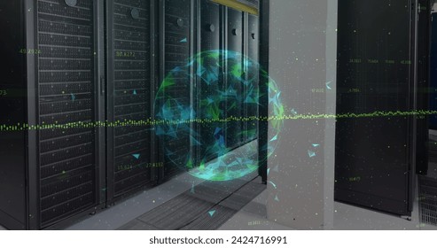 Globe of plexus networks spinning against computer server room. global networking and business data storage technology concept