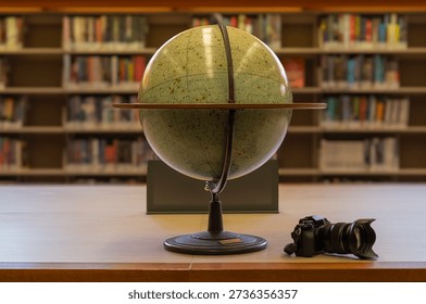 A globe sits on a table next to a camera. The scene is set in a library, with shelves of books surrounding the table. The atmosphere is calm and studious, with the globe