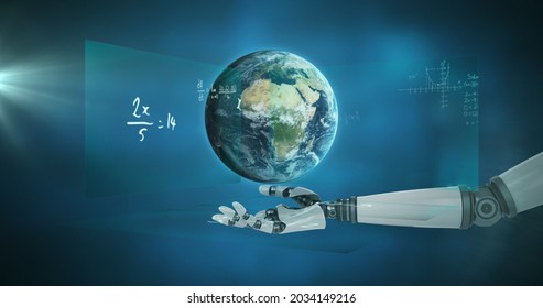 Globe spinning over robotic hand against mathematical equations on blue background. mathematical and robotics research technology concept