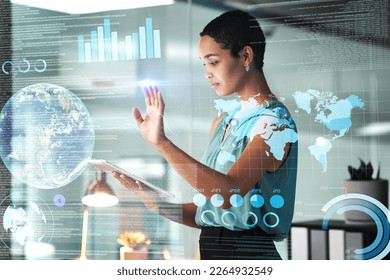 Globe, tablet and overlay with a business black woman using an ai or ux interface to access the metaverse of data. Digital, finance and information with a global network working on a 3d hologram - Powered by Shutterstock