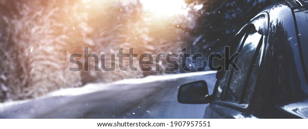 Gloomy\
forest, car road in a dark forest, blue car. Foggy forest\
landscape, sunlight, car. Travel by car, banner.\
