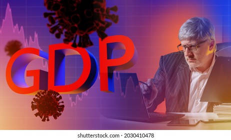 Gloomy Workplace Analyst. Financial Analyst Next To GDP Symbol. Virus Molecules In The Foreground. Impact Of A Disease Outbreak On GDP. Pandemic GDP Decline. Disgruntled Stock Broker.