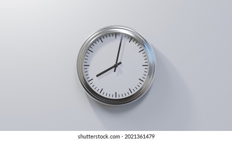 Glossy chrome clock on a white wall at two past eight. Time is 08:02 or 20:02