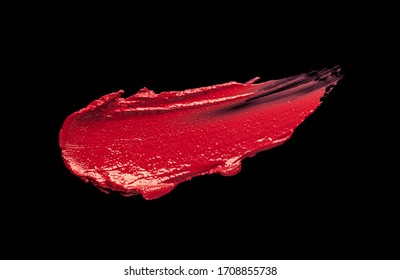 Glossy Smeard Red Lipstick Smudge Isolated On Black Background