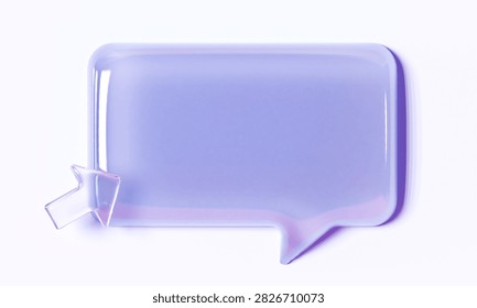 Glossy translucent chat message bubble with cursor arrow in soft blue and purple colors. Blank communication element for messaging apps, customer support, online chat, comments, notifications, social media and user interfaces.