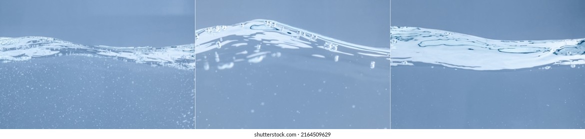 Glossy Water Surface. Side View Of Water Waves On A Blue Background.