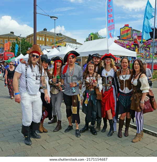 Gloucester, Gloucestershire, UK, May\
25th, 2019, pirates dressed for the occasion at Tall Ships festival\
held in the Docks over the Bank Holiday weekend.\
