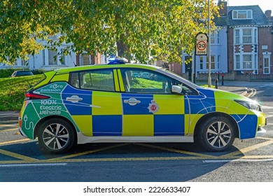 Gloucester, Gloucestershire UK, November 13th 2022, Police Nissan Electric Vehicle Part Of A Fleet Of Vehicles Reducing Its CO2 Output, Enforcing A Road Closure For The Remembrance Service At The Park