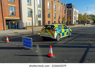 Gloucester, Gloucestershire, UK, November13th, 2022, Police Nissan Electric Vehicle Part Of A Fleet Of Vehicles Reducing Its CO2 Output, Closing The Road For The Remembrance Day Service At The Park.