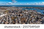 Gloucester, MA, USA - November 29, 2024:  Autumn aerial, drone, photo of the City of Gloucester, Massachusetts, MA, USA.	