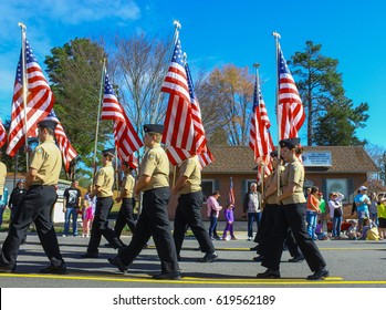 GLOUCESTER, VA - April 1, 2017: Gloucester High School Dukes NAVY JROTC In The 31st Annual Daffodil Fest And Parade, The Daffodil Fest And Parade Is A Regular Event Each Spring In April
