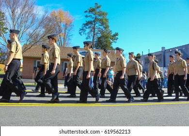 GLOUCESTER, VA - April 1, 2017: Gloucester High School Dukes NAVY JROTC In The 31st Annual Daffodil Fest And Parade, The Daffodil Fest And Parade Is A Regular Event Each Spring In April
