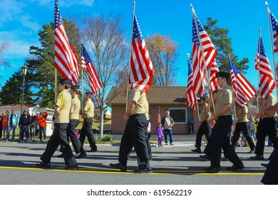 GLOUCESTER, VA - April 1, 2017: Gloucester High School Dukes NAVY JROTC In The 31st Annual Daffodil Fest And Parade, The Daffodil Fest And Parade Is A Regular Event Each Spring In April
